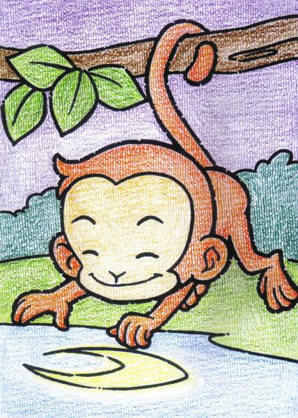 猴子捞月儿童蜡笔画作品