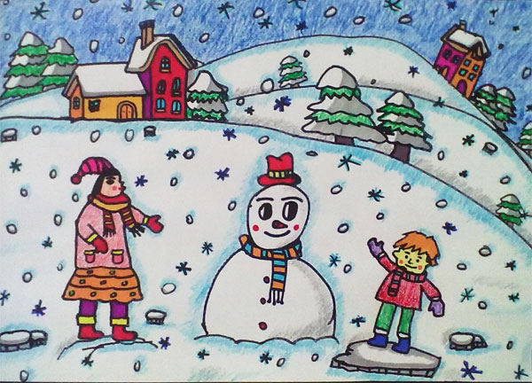 下雪了_儿童彩笔画作品