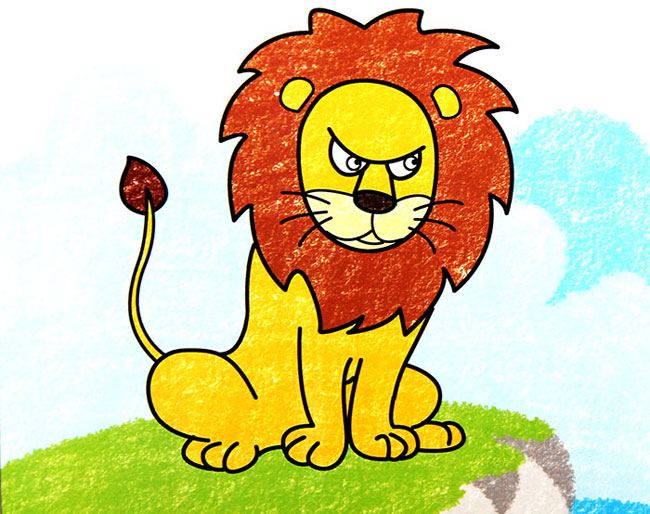 凶猛的狮子儿童蜡笔画作品