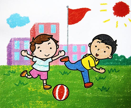 踢足球_儿童彩笔画作品_儿童画